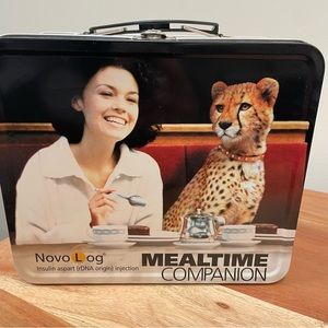 Unique pharmaceutical branded metal vintage lunch box with cheetah. Diabetes med